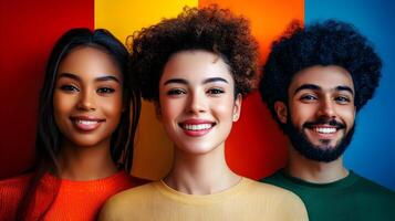 Portrait of a diverse,multiracial group of young people smiling and expressing happiness,togetherness,and a sense of community. The vibrant colors and backgrounds represent the of diverse cultures. photo