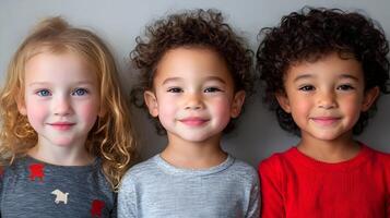 A group of diverse,happy children of different races and genders smiling and standing together in a playful and inclusive portrait representing social acceptance. photo