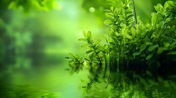 Lush green nature with vibrant foliage and calm water reflection showcasing environmental conservation and sustainability photo