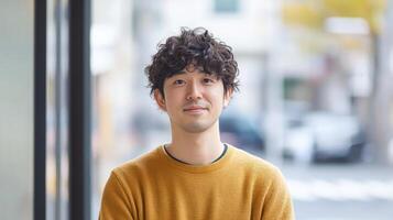 Confident Young Asian Man in Casual Outfit Smiling on City Street photo