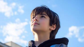 Thoughtful Young Boy Gazing into the Vast,Serene Sky with Clouds photo