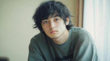 Introspective Asian Man Lost in Thoughtful Moment by Window photo