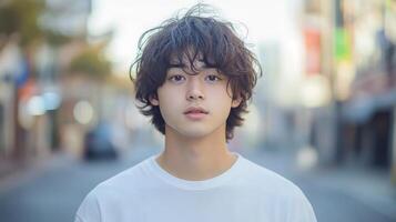 Thoughtful Young Man in Urban Setting,Serious Facial Expression photo