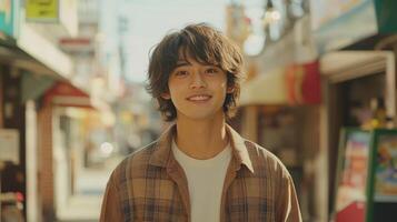 Cheerful Young Man Exploring Vibrant City Street with Shops and Stores photo