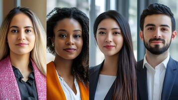 Diverse group of business professionals,including men and women of varying ages,ethnicities,and backgrounds,working together in a corporate office setting for organizational growth and success. photo