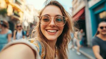 Cheerful Young Woman Exploring Vibrant City Street with Sunlight photo