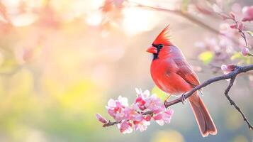 vibrante rojo cardenal pájaro encaramado en floreciente primavera ramas con encantador floral fondo. vistoso pájaro cantor en natural ambiente. foto