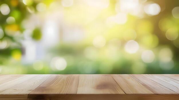 Wooden table with natural texture and surface placed in lush green foliage and plant environment,bathed in bright,warm sunlight for a peaceful,serene and tranquil atmosphere. Blank. photo