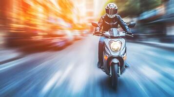 Blurred motion of a motorcycle rider speeding through the bustling urban streets,capturing the and energy of fast-paced transportation in a modern city. photo