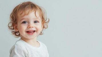 Charming Smiling Fair-haired Curly Toddler with Blue Eyes Expressing Pure Joy and Happiness photo