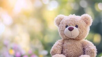 adorable osito de peluche oso trayendo comodidad y alegría en acogedor ambiente - Suave, felpa juguete evocando infancia recuerdos y nostalgia para vacaciones, cumpleaños y dar regalos ocasiones foto