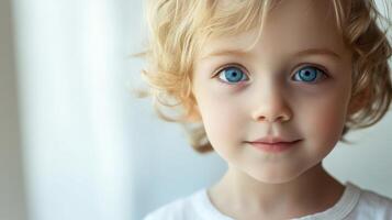 Charming Blonde Girl with Curly Hair and Bright Blue Eyes Smiling Cheerfully photo