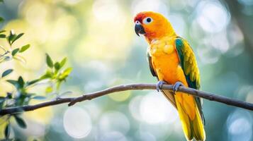 Colorful Macaw Parrot Perched on Branch in Tropical Forest Ecosystem photo