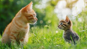 Curious Kitten Exploring Green Meadow in Serene Nature Setting photo