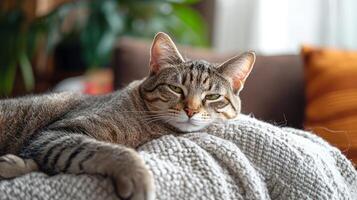 Cozy Cat Napping Comfortably on Sofa in Lush Indoor Setting photo