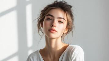 Captivating Young Woman Gazing with Thoughtful Expression in Natural Light photo