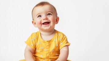 Delightful Baby in Yellow Clothing Smiling Cheerfully in Studio photo