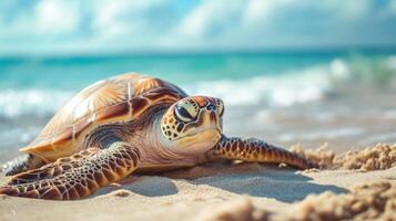 Tranquil Green Sea Turtle Resting on Tropical Beach photo