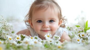 Delighted young girl surrounded by daisies in a lush summer field photo
