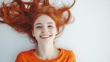 Radiant Redheaded Woman with Joyful Facial Expression photo