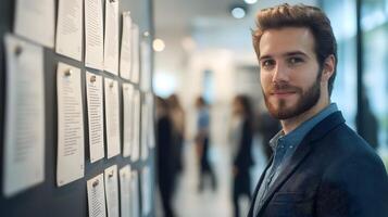Businessman Looking at Pinned Resumes and Headshots on Wall for Talent Selection photo