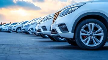 Diverse lineup of luxury sedans,SUVs,and other automobiles parked in a row in an outdoor parking lot,with a vibrant sunset sky in the background. photo
