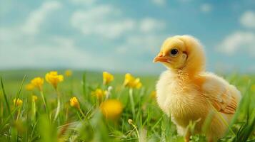 Cute and fluffy baby chick standing in a vibrant green meadow filled with bright yellow buttercup flowers,under a beautiful blue sky with white clouds. photo