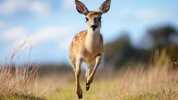 Alert Deer Running Energetically Through Lush Forest Landscape photo
