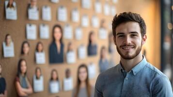 Confident man smiling in front of a wall of headshots and resumes,HR recruitment process photo