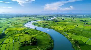 Stunning aerial view of a lush,verdant countryside landscape with rolling green farmland,a winding river,and a picturesque,tranquil atmosphere. photo