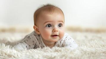 Peaceful Newborn Baby in Cozy Swaddle Resting on Soft Neutral Blanket photo