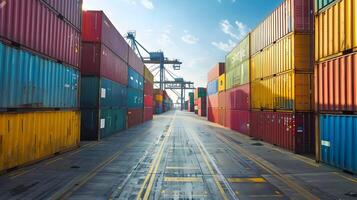 aéreo ver de un ocupado puerto terminal con filas y columnas de vistoso apilado Envío carga contenedores grúas y otro equipo para cargando y descarga carga son visible. foto