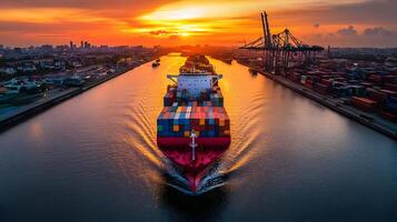 Dramatic sunset illuminating a busy international cargo port with large container ships and towering cranes along the waterfront,showcasing the global logistics and trade industry. photo