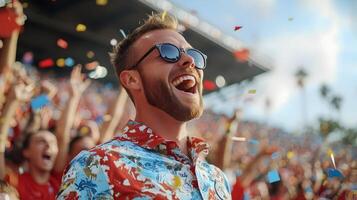 Caucasian Male Fan Cheering and Celebrating with Excitement During Soccer Championship Match at Crowded Stadium After Team Scores Winning Goal photo