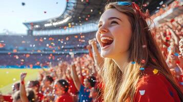 Caucasian Young Female Soccer Fan Celebrating Her Team's Victory With Enthusiastic Cheering Crowd and Confetti in a Lively Stadium During Championship Match photo