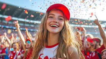 Enthusiastic Blonde Woman Cheers and Celebrates with Excitement as Her Team Scores a Goal During an Intense Soccer Championship Match in a Packed Stadium photo