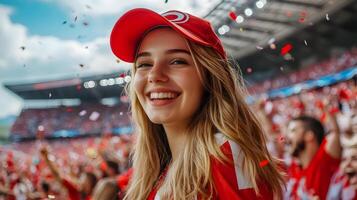 Energetic Caucasian Female Fan Cheering and Celebrating with Confetti as Her Team Scores a Goal and Wins the Soccer Championship Match. The Crowd Around Her is Enthusiastic and Jubilant. photo