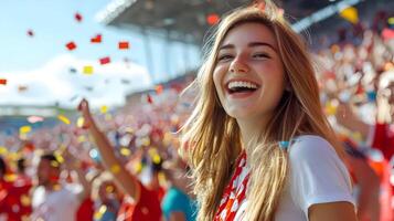 Ecstatic Caucasian Blonde Female Fan Cheers and Celebrates with Excitement as Her Soccer Team Scores a Goal and Wins the Championship Match in a Packed Stadium Full of Enthusiastic Supporters photo
