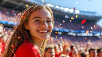 Overjoyed Caucasian Young Woman Cheerfully Celebrates Her Favorite Soccer Team Scoring a Goal During an Intense Championship Match Inside a Lively Stadium Filled with Enthusiastic Supporters and photo