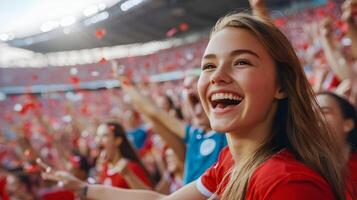 Elated young female soccer fan cheering and celebrating with energy and enthusiasm as her team scores a goal and wins the match in a crowded stadium during a championship game. photo
