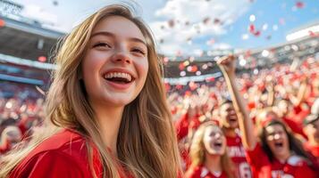 Overjoyed Young Woman Enthusiastically Celebrates Her Soccer Team's Championship Victory,Surrounded by a Crowd of Fans Waving Colorful Confetti in a Stadium photo