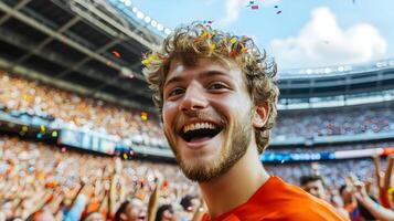 Energetic soccer fan with curly hair erupts in joyful and screaming with unbridled enthusiasm as his team scores a goal during an intense championship match in a packed stadium. photo