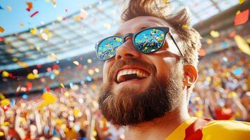 Enthusiastic Caucasian Male Soccer Fan Cheering and Celebrating His Team's Goal and Victory with Joyful Screams and Colorful Confetti at a Packed Stadium During an Exciting Sports Championship Match photo
