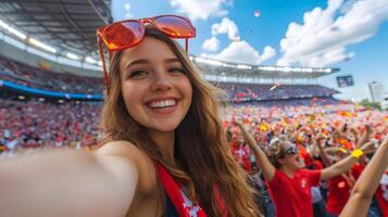 Female Soccer Fan Cheers and Celebrates with Confetti as Her Team Scores a Goal and Wins the Championship Match in a Packed Stadium photo