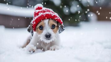 Adorable Puppy Wearing Red Knitted Hat Playing in Snowy Winter Landscape photo