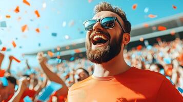 Exhilarated Caucasian Male Fan Cheering and Celebrating His Soccer Team's Victory with Enthusiasm and Joy at a Packed Stadium During a Championship Match photo