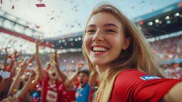 Enthusiastic Young Caucasian Female Fan Passionately Cheering and Celebrating for Her Soccer Team's Victory During an Exciting Championship Match in a Packed Stadium with a Crowd of Supporters photo