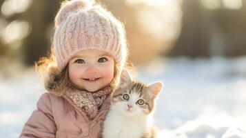 Smiling Girl in Winter Coat Cuddling Adorable Kitten in Snowy Landscape photo