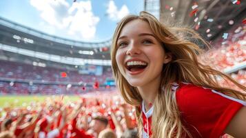 Portrait of an young female soccer fan enthusiastically cheering and celebrating her team's victory with joyful screams and throwing colorful confetti amidst a large crowd of spectators in a lively photo