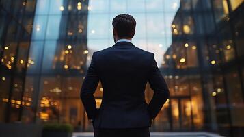 Confident Businessman Standing in Front of Glass Office Building Overlooking City Skyline photo